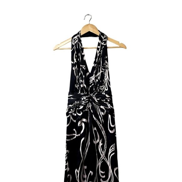 Tadashi Collection Sz6 Black White Abstract Printed Silk Halter Maxi Dress - Picture 3 of 9
